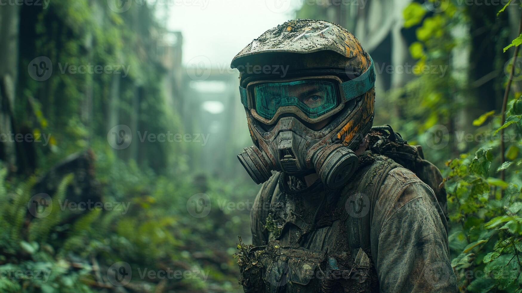 A wanderer clad in protective gear navigates a green-filled, abandoned cityscape photo