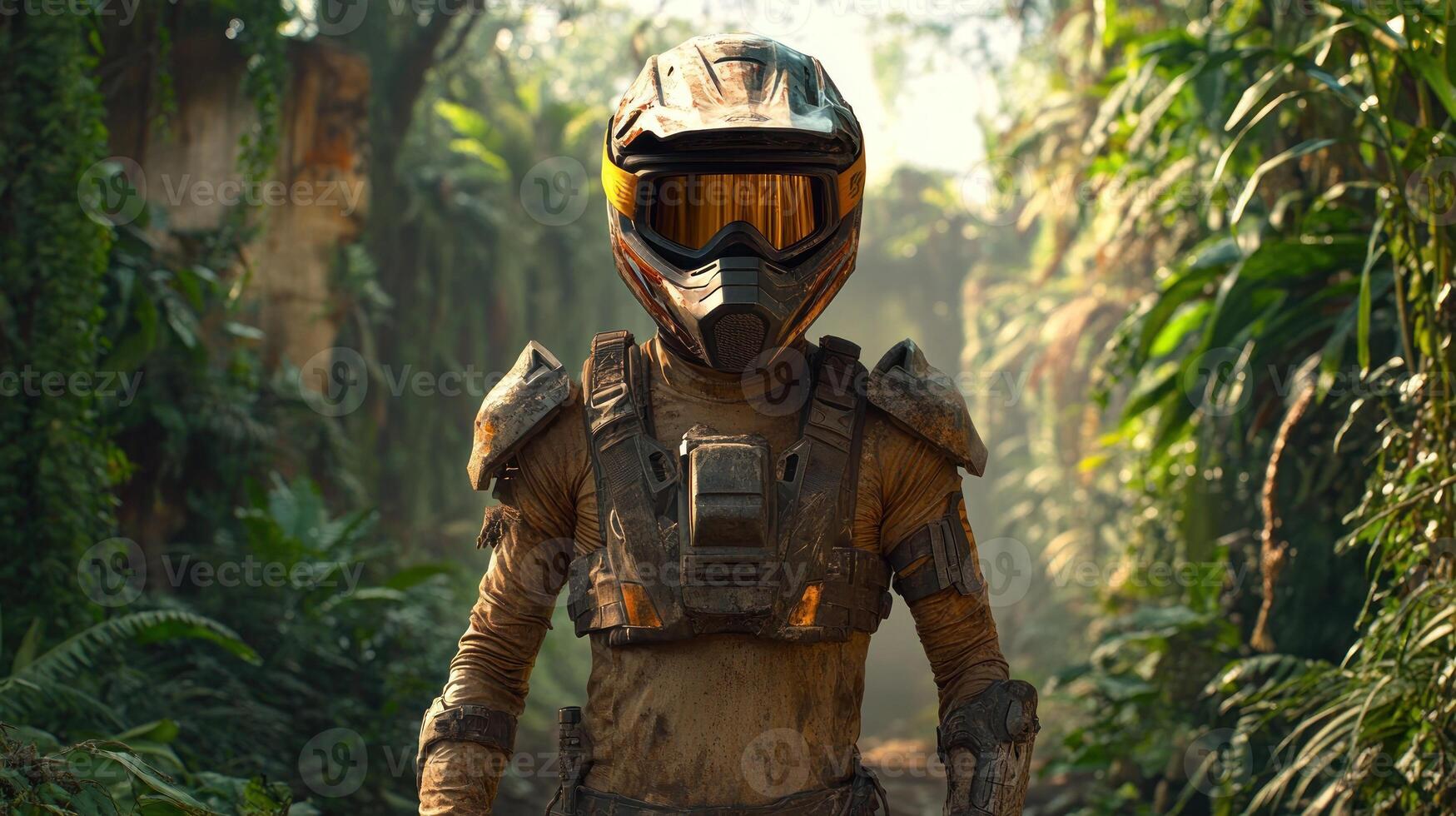 An armored adventurer strides confidently through dense, vibrant foliage photo