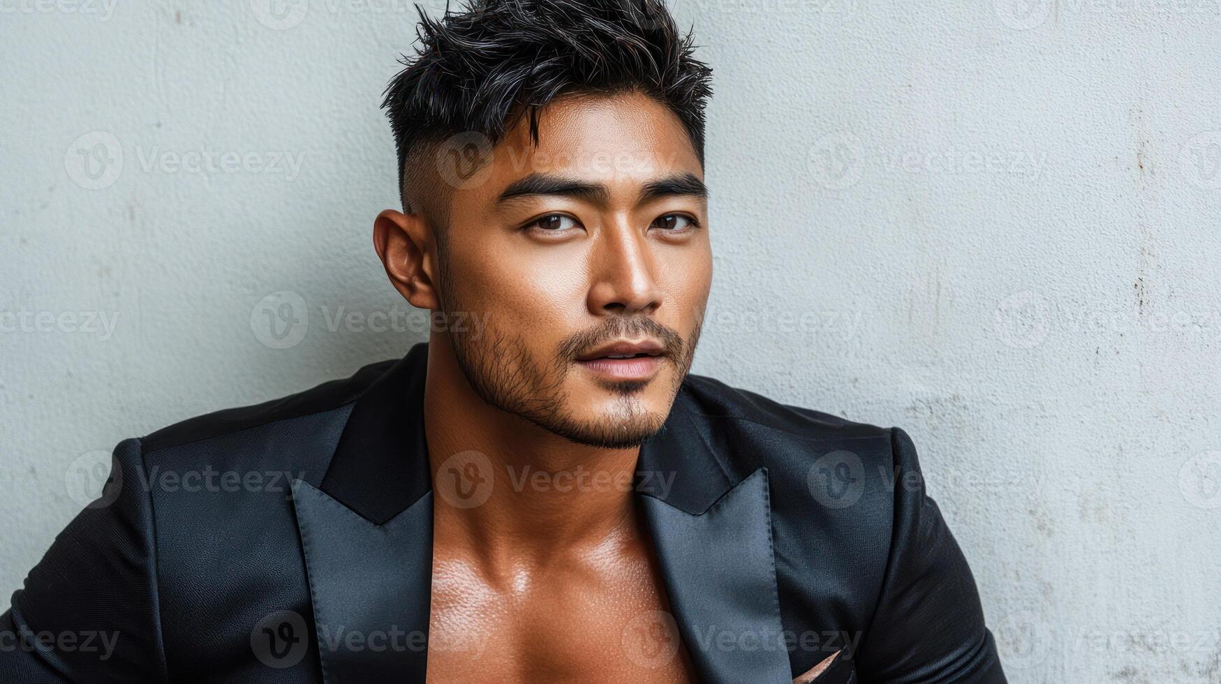 A well-dressed man exudes confidence with a striking gaze and stylish attire photo