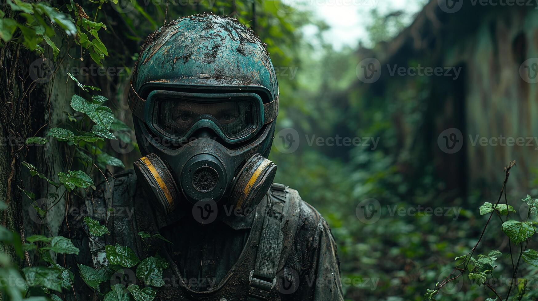 A cloaked figure with a gas mask stands amidst lush greenery, shrouded in mystery photo