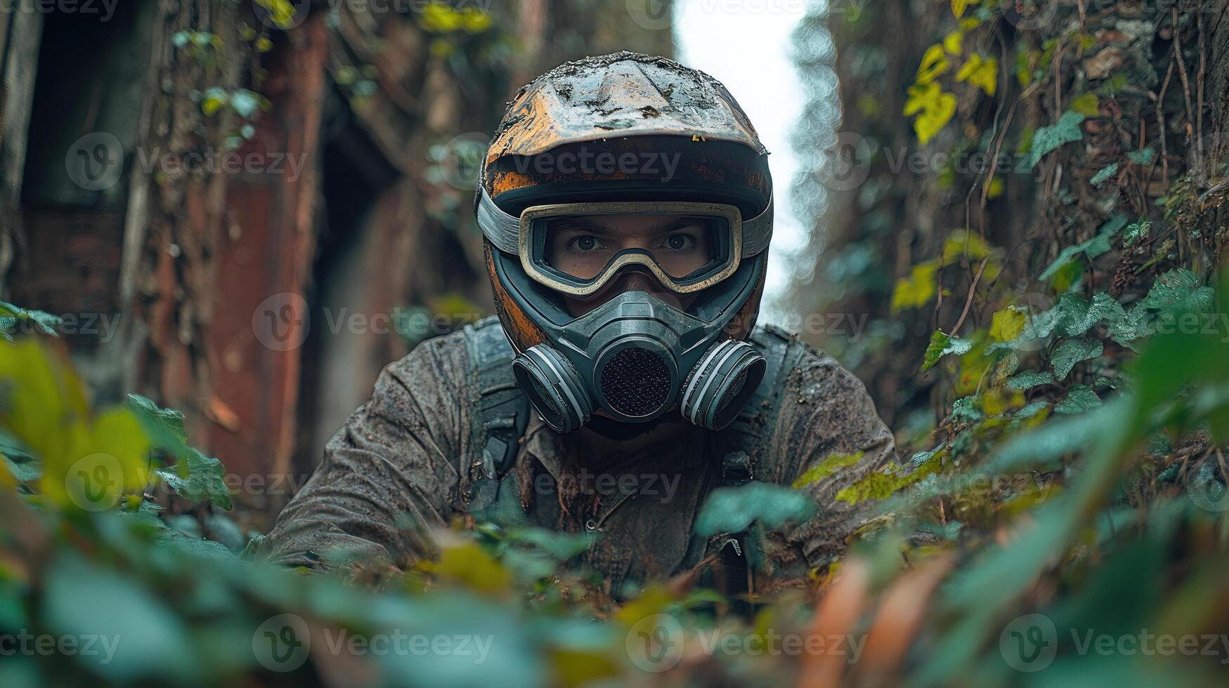 A lone figure in a gas mask crawls through a dense overgrowth in a forgotten urban area photo