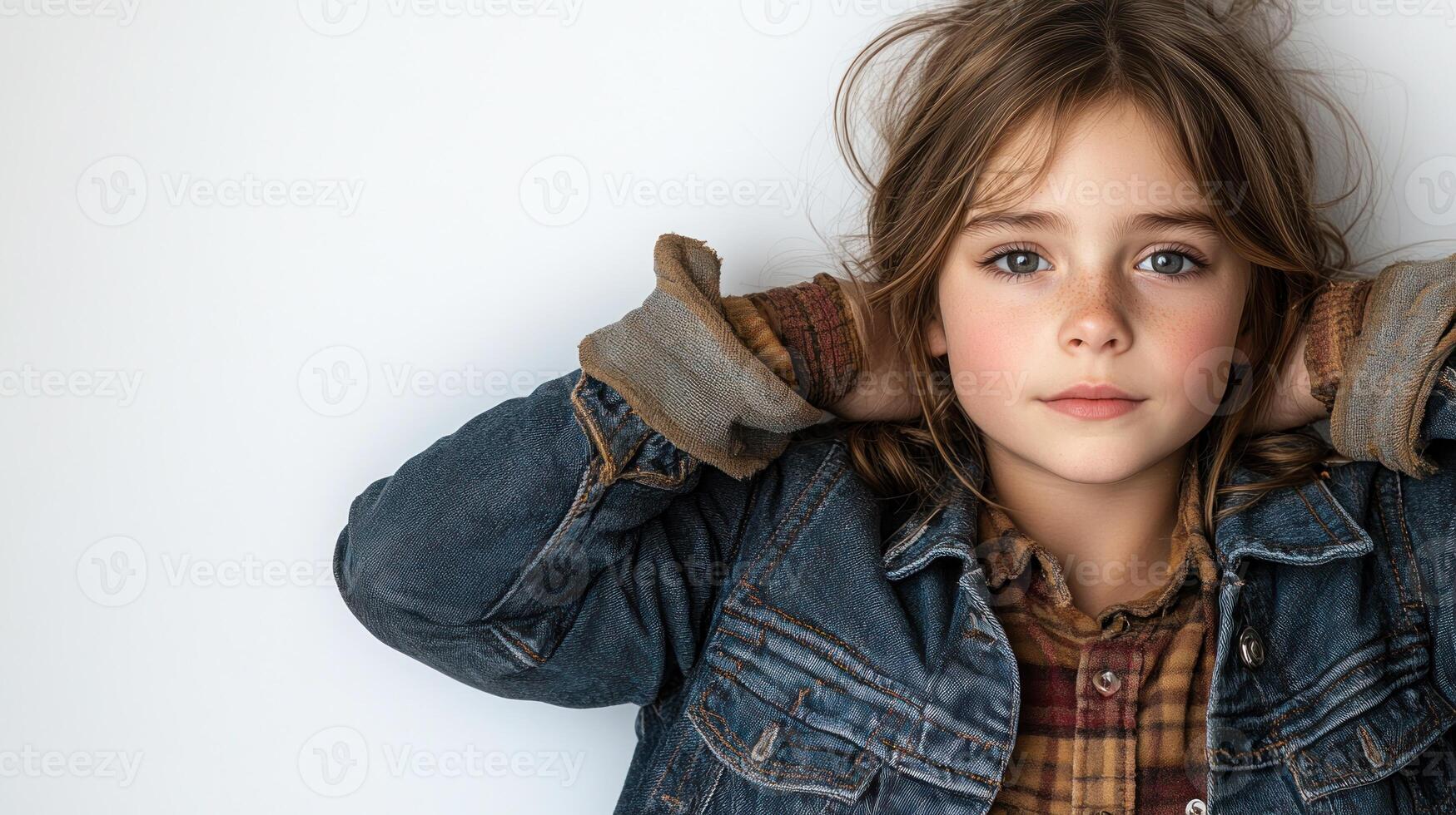 A girl exudes charm and confidence in her vintage denim jacket and plaid shirt photo