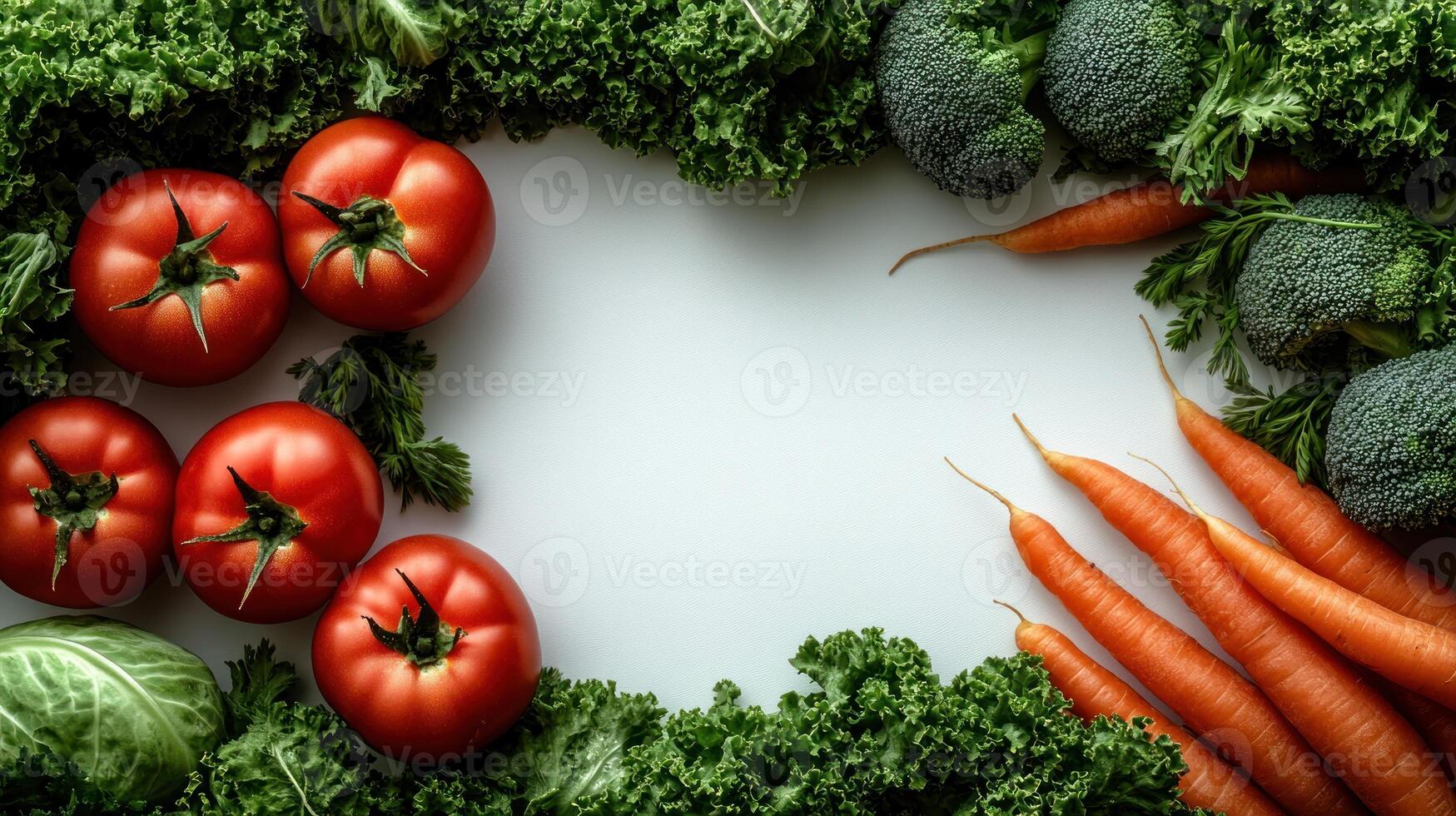 A vibrant mix of red tomatoes, green kale, carrots, and broccoli sets a healthy scene photo