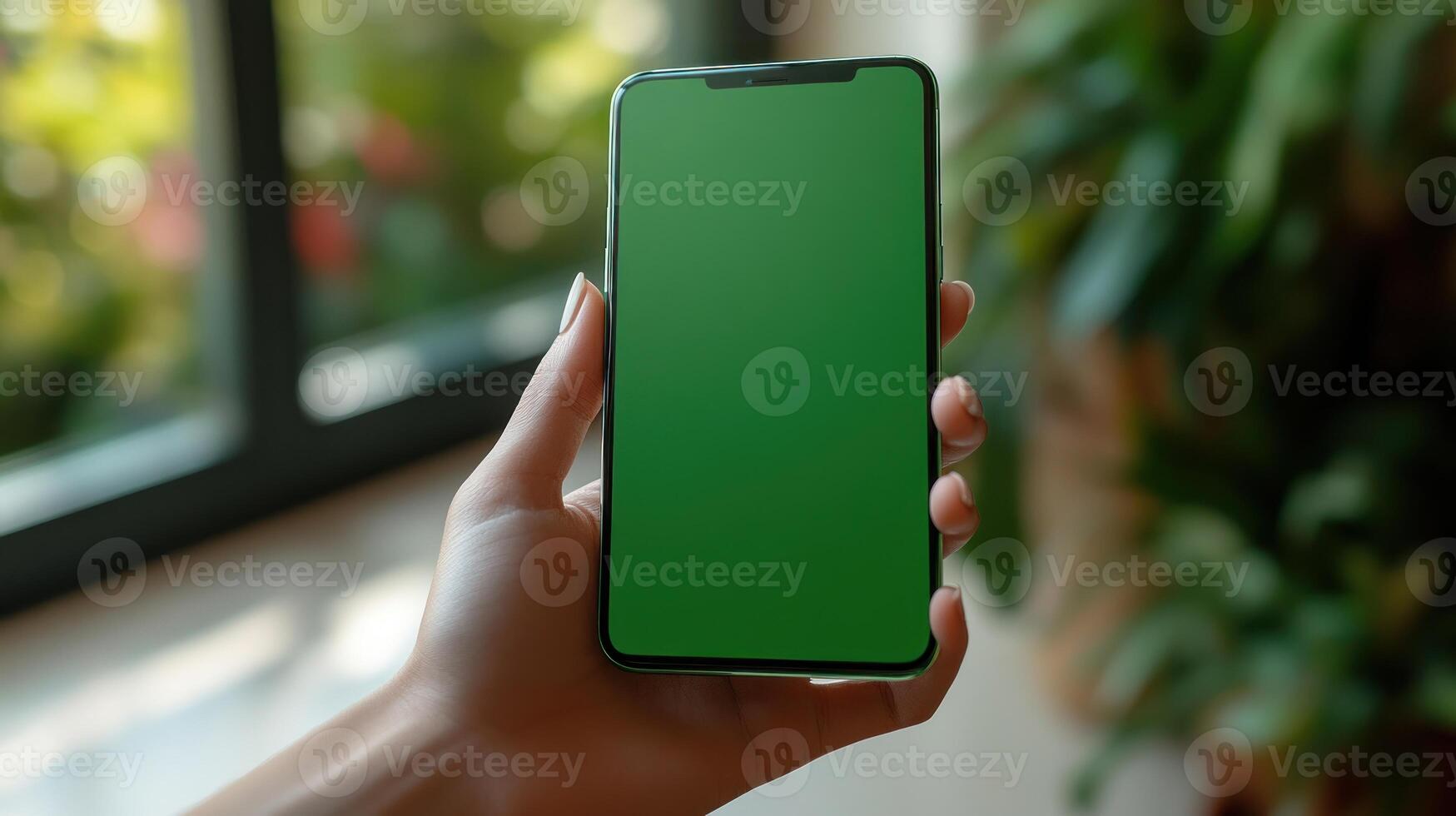 A hand showcases a smartphone displaying a bold green screen in a warm atmosphere photo