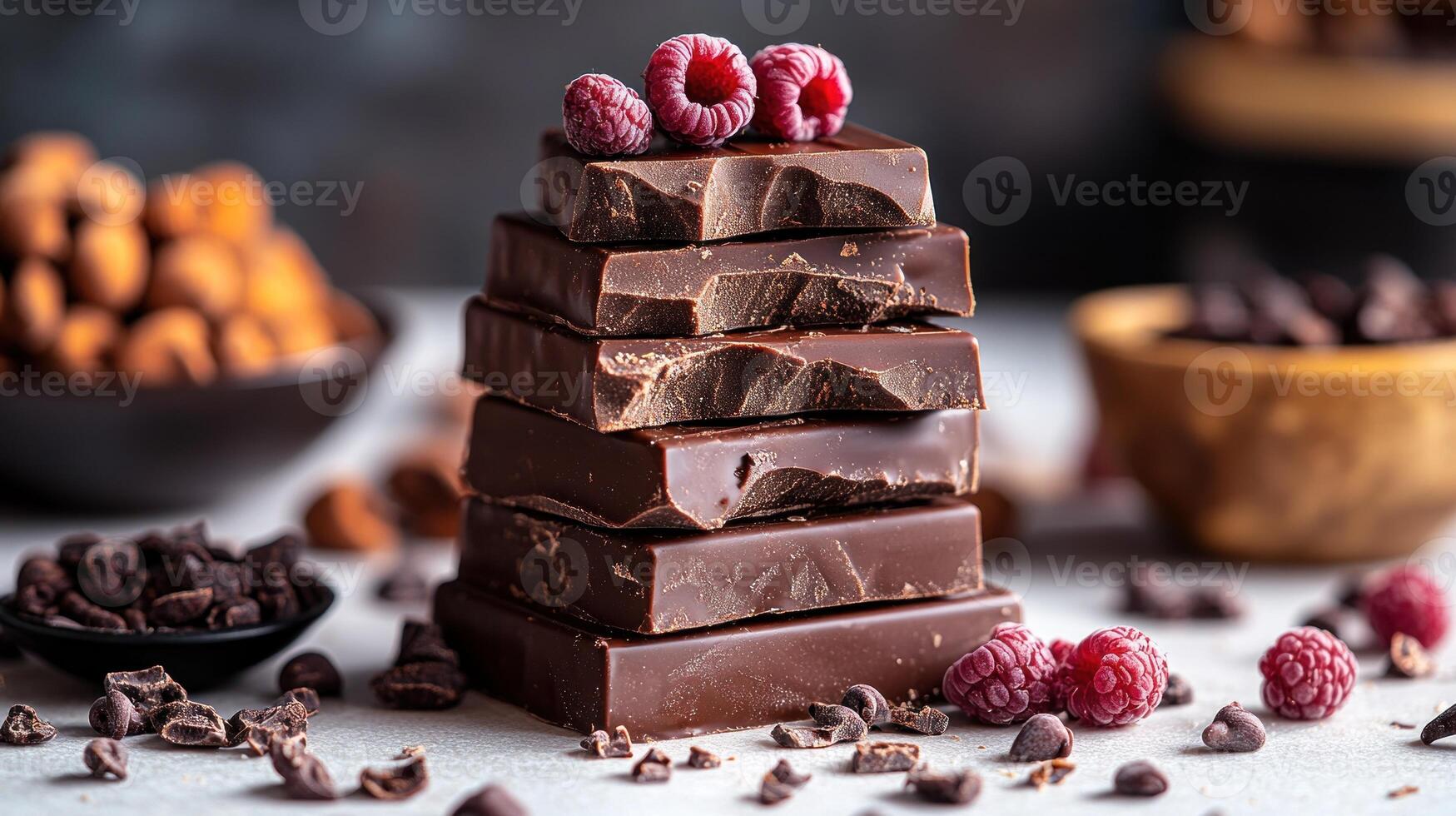 A delightful arrangement of rich chocolate bars topped with vibrant raspberries photo