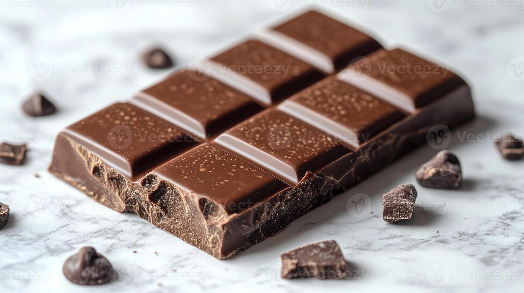 A delicious chocolate bar showcases its glossy surface with surrounding chocolate pieces photo
