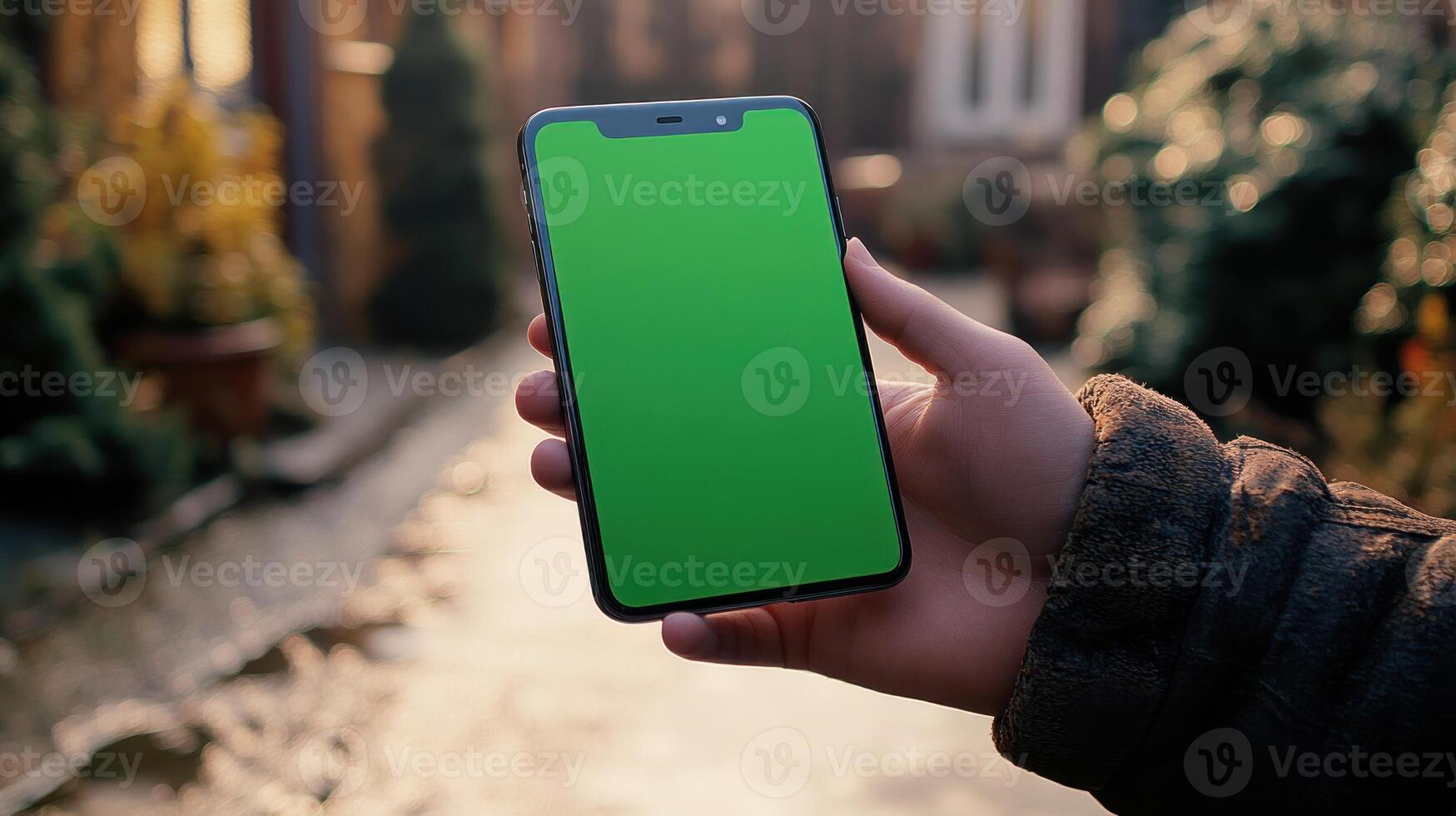A person displays a smartphone with a vibrant green screen surrounded by lush plants photo