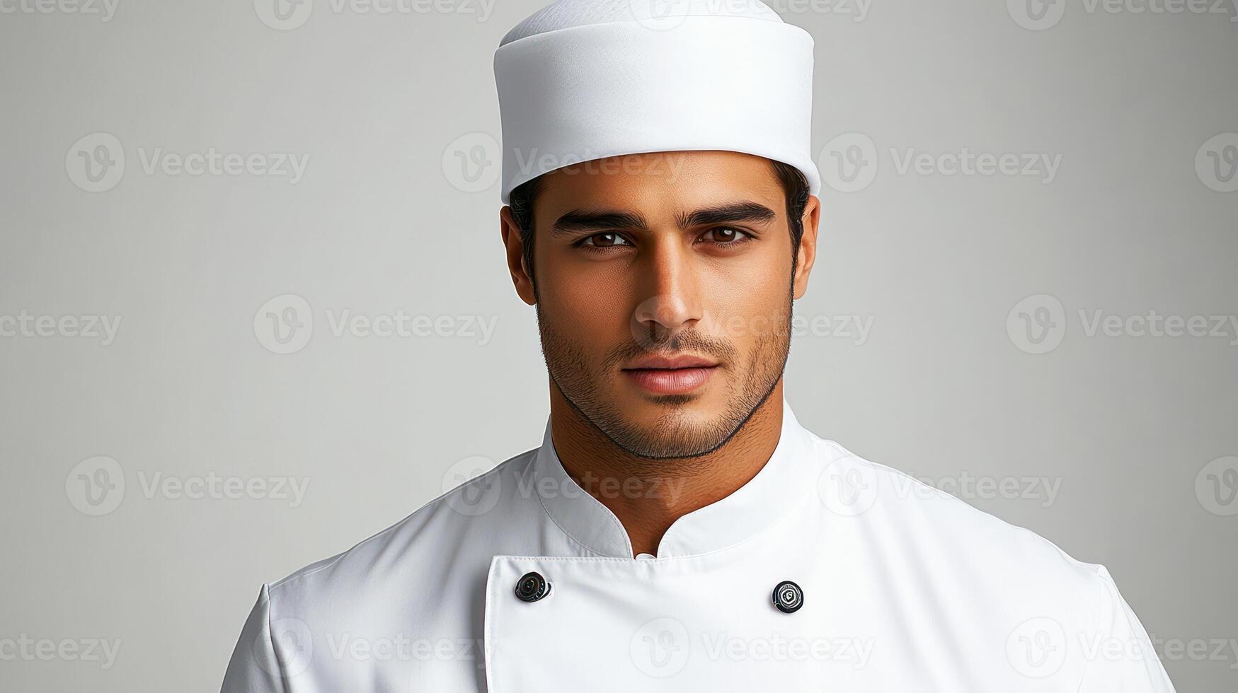 A skilled chef displays charisma and expertise while wearing a crisp white uniform photo