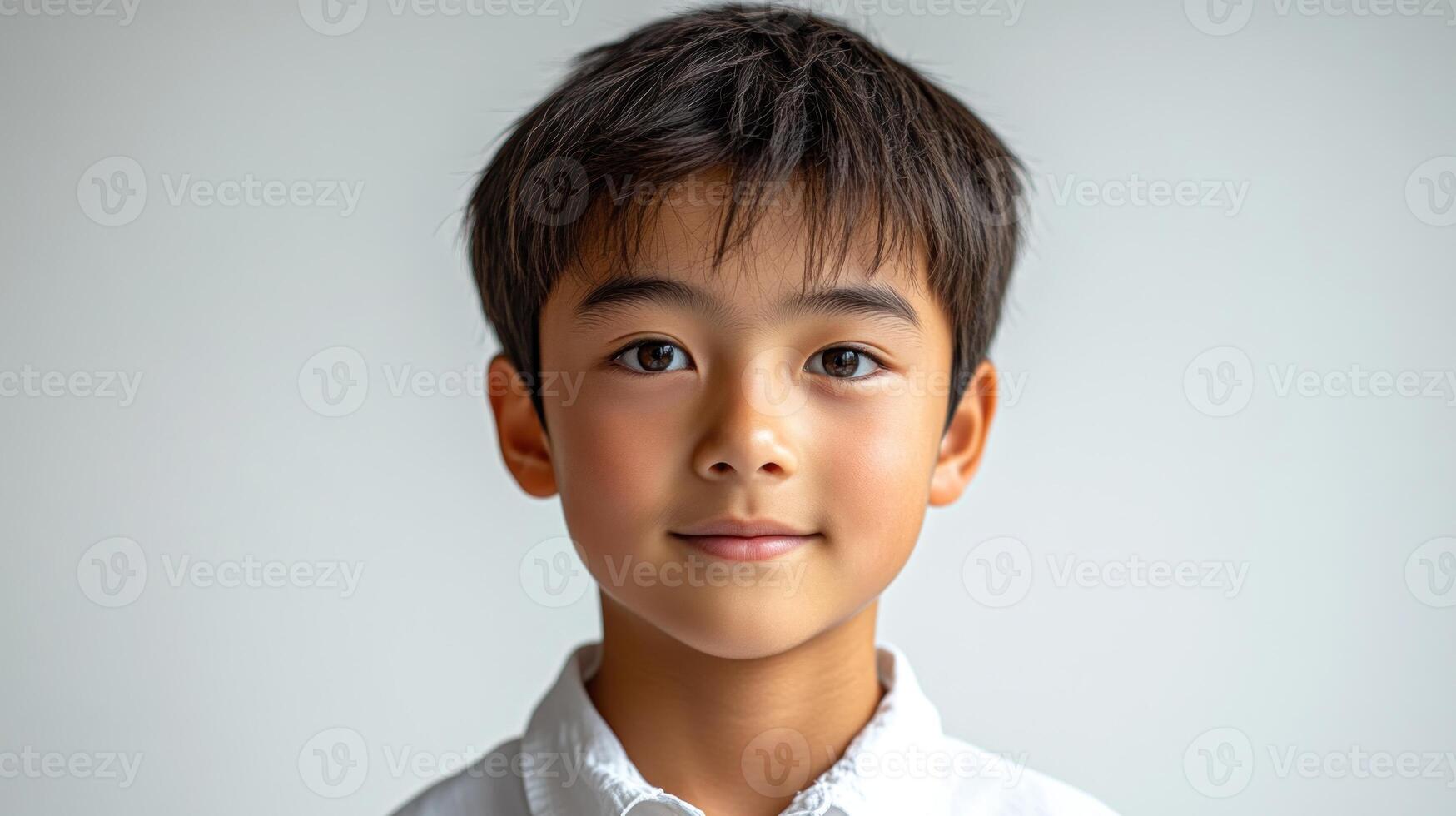 A cheerful young boy stands confidently, showcasing his joyful expression and innocence photo
