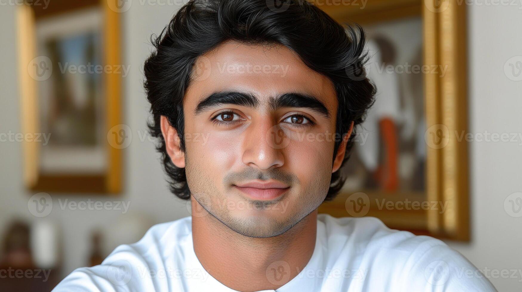 A confident young man with a warm smile sits comfortably in a cozy, stylish room photo