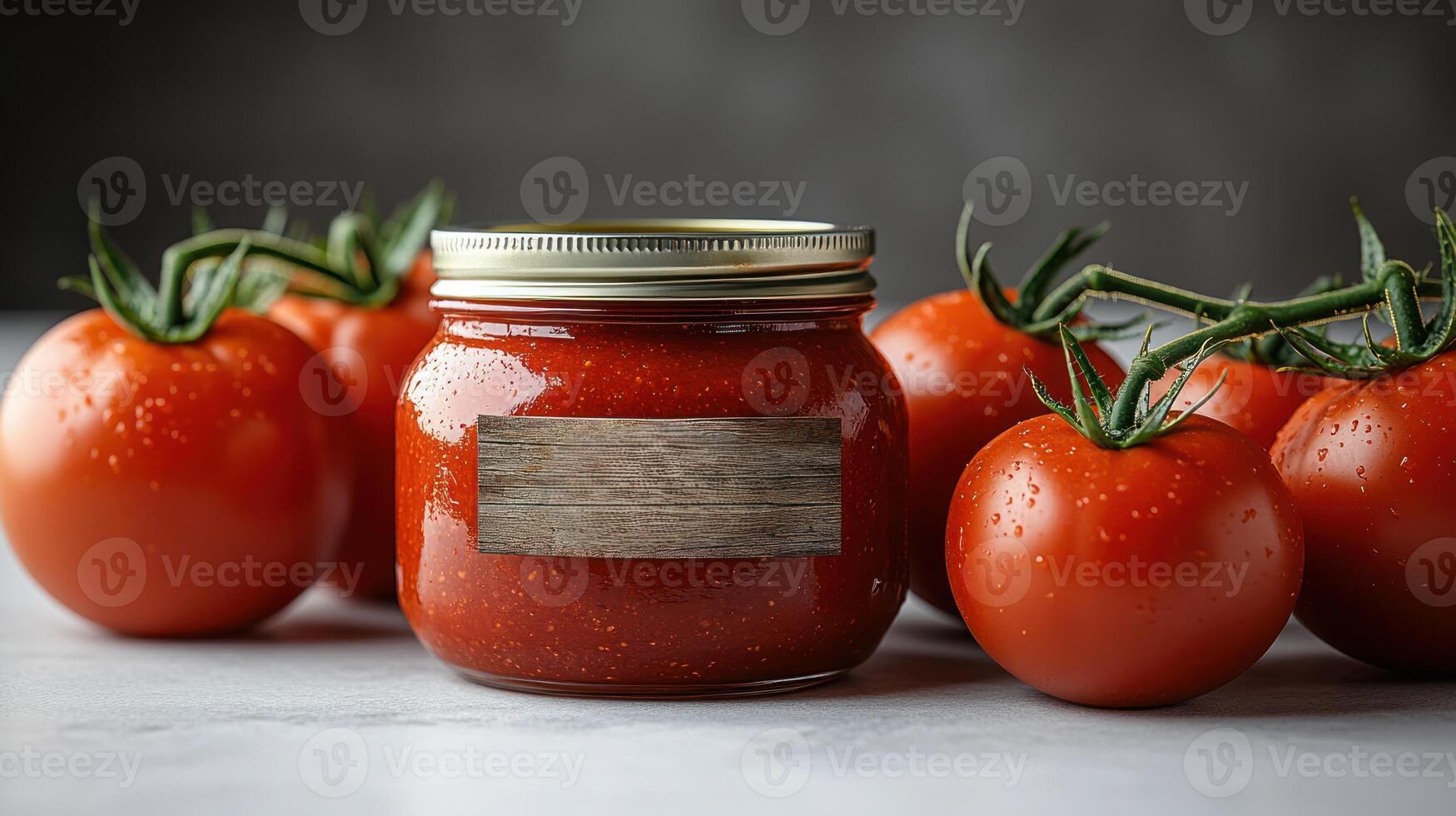 Delicious homemade tomato sauce resting beside vibrant, red tomatoes on a marble surface photo