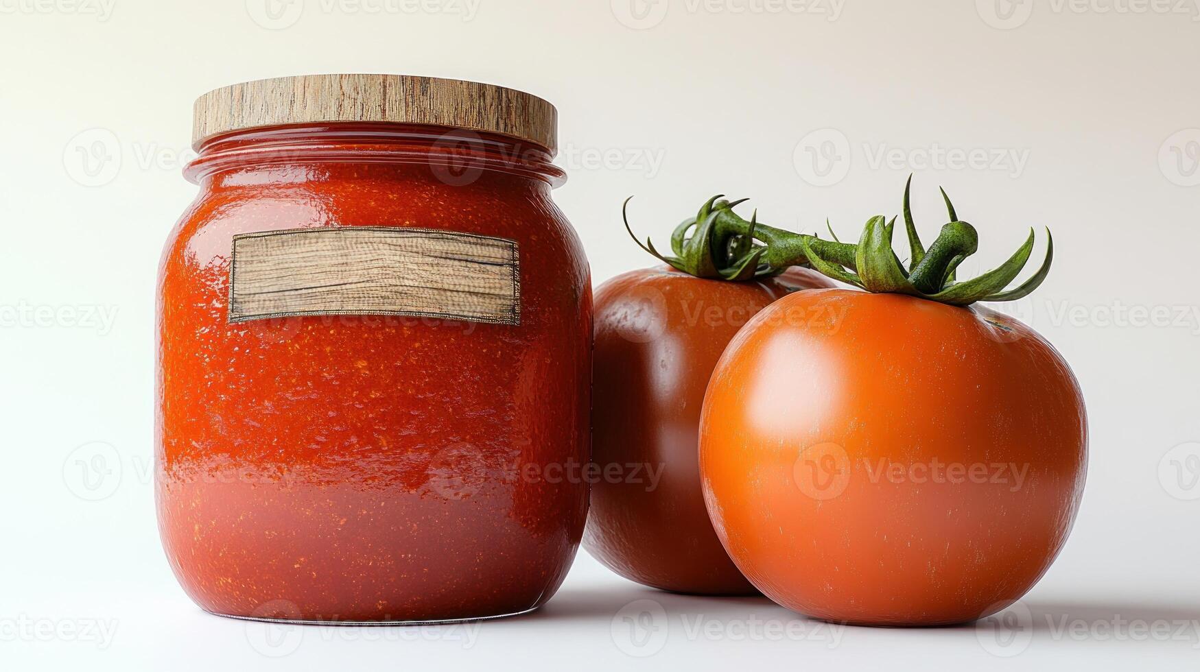 A vibrant jar filled with rich tomato sauce sits beside fresh, ripe tomatoes photo