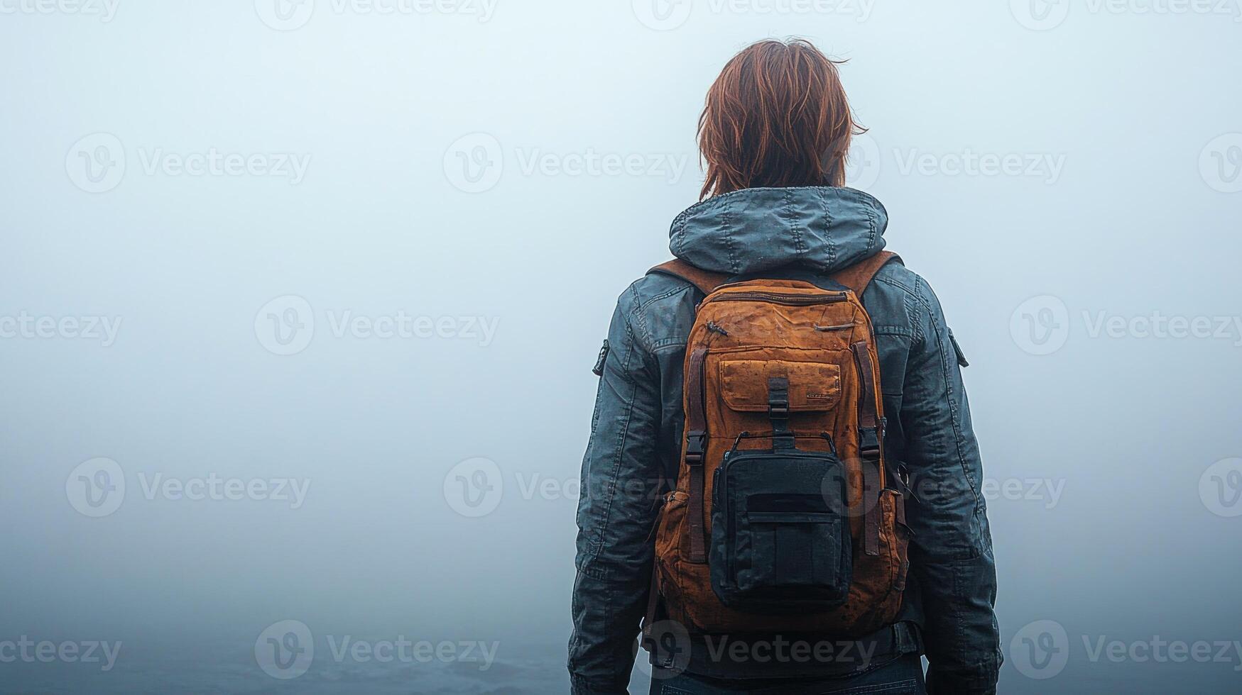 A lone adventurer stands against the fog, reflecting on the journey ahead photo