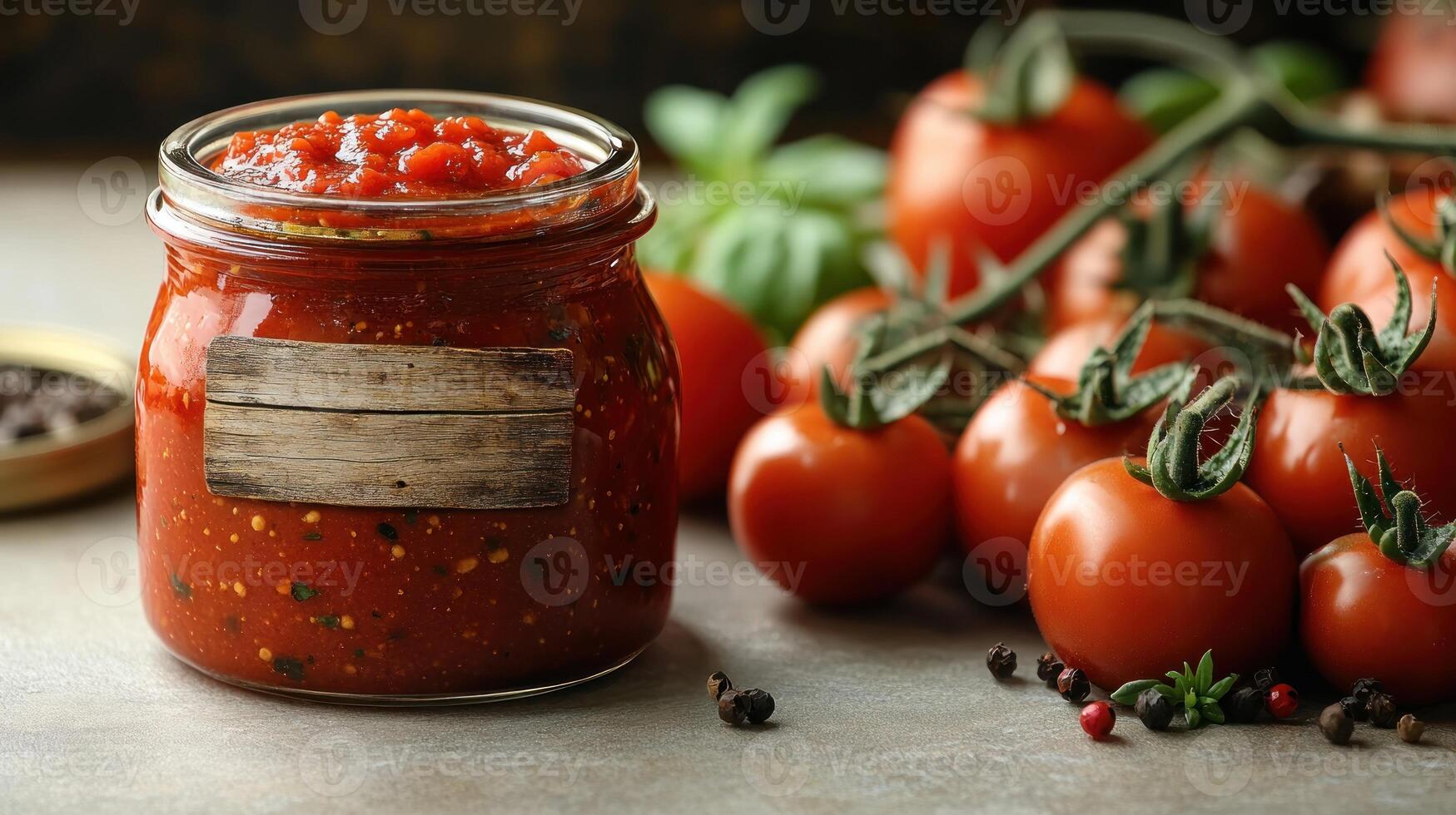 Lush red tomatoes surround a jar filled with vibrant homemade tomato sauce photo