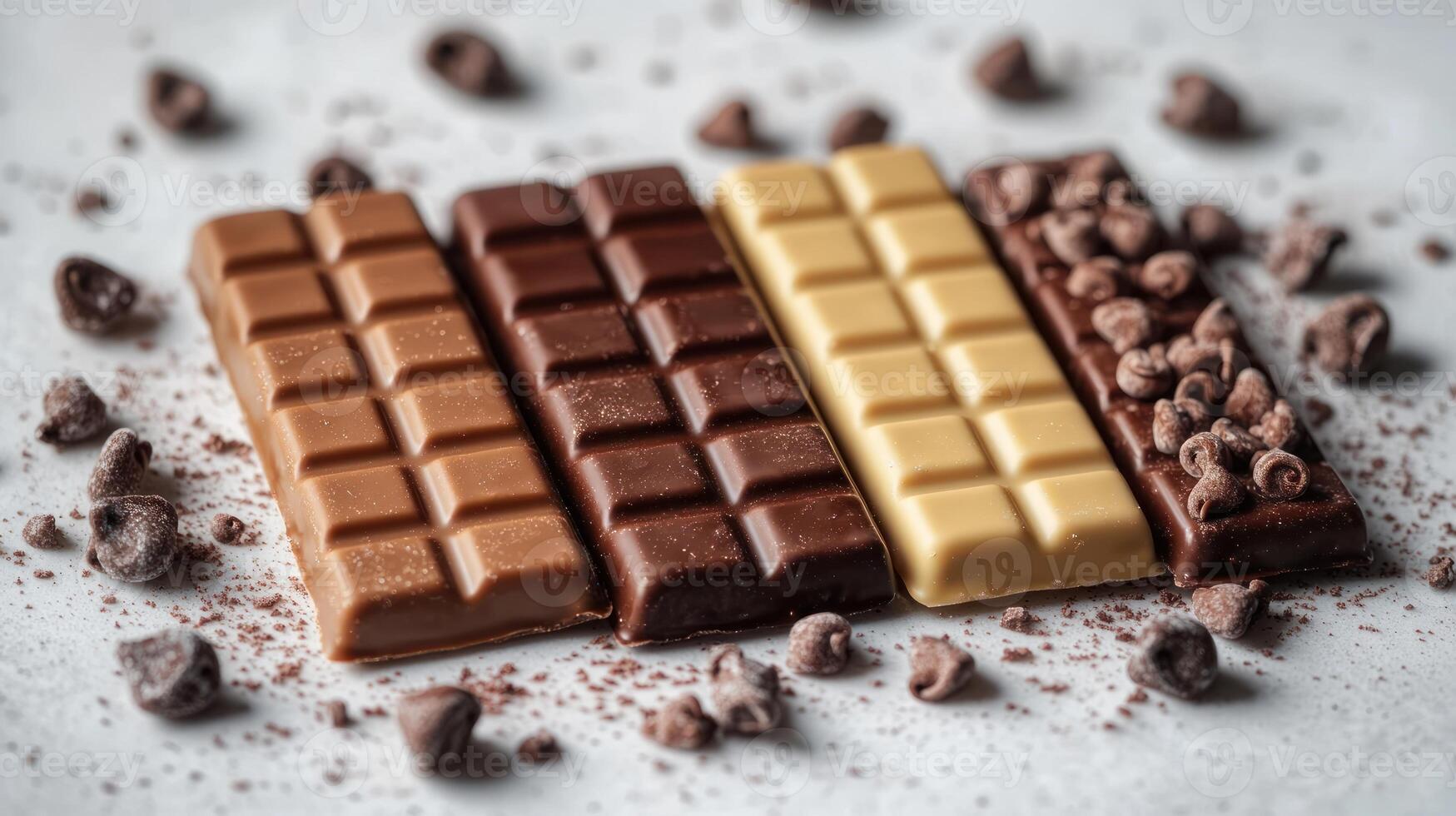 Various bars of chocolate arranged artistically with cocoa nibs scattered around photo