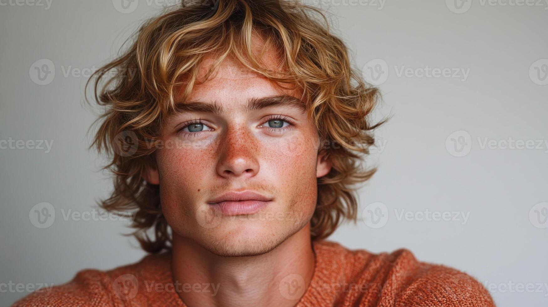 A young man displays a calm demeanor with curly hair and thoughtful gaze photo