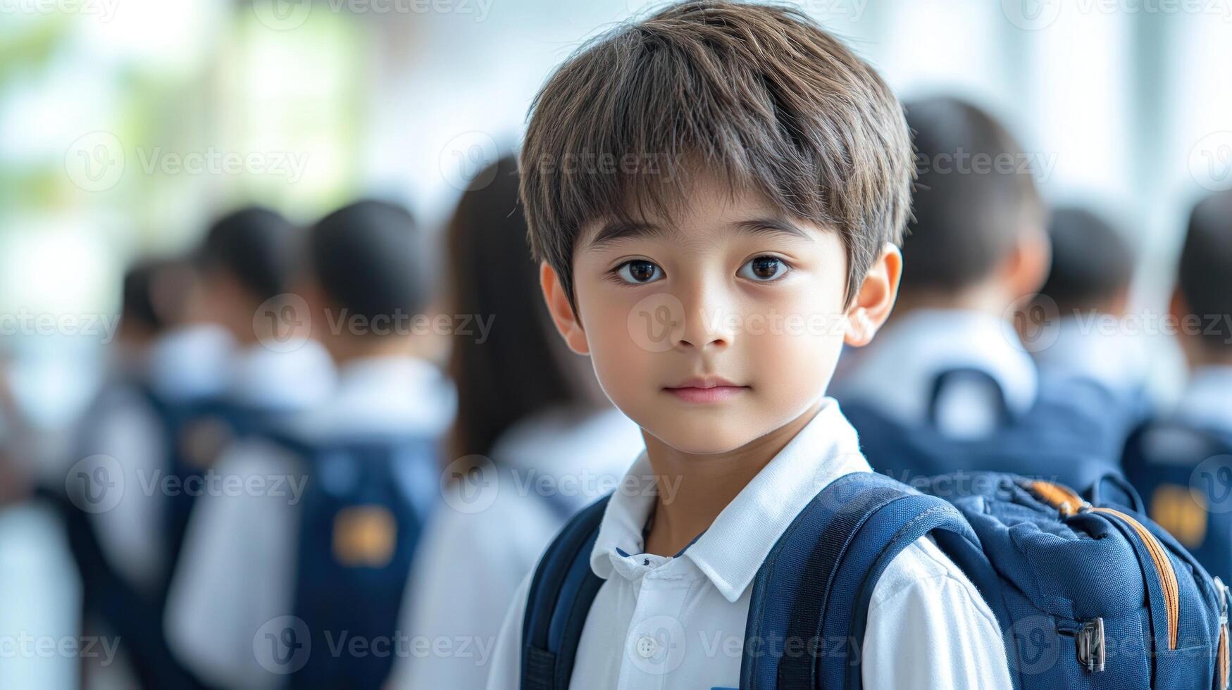 A boy stands in a busy hallway, looking curiously at his surroundings with a backpack photo