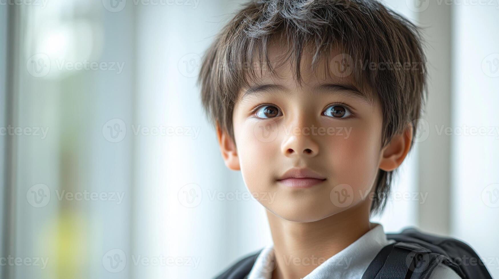 A curious child stands quietly by a glass window, lost in thought photo
