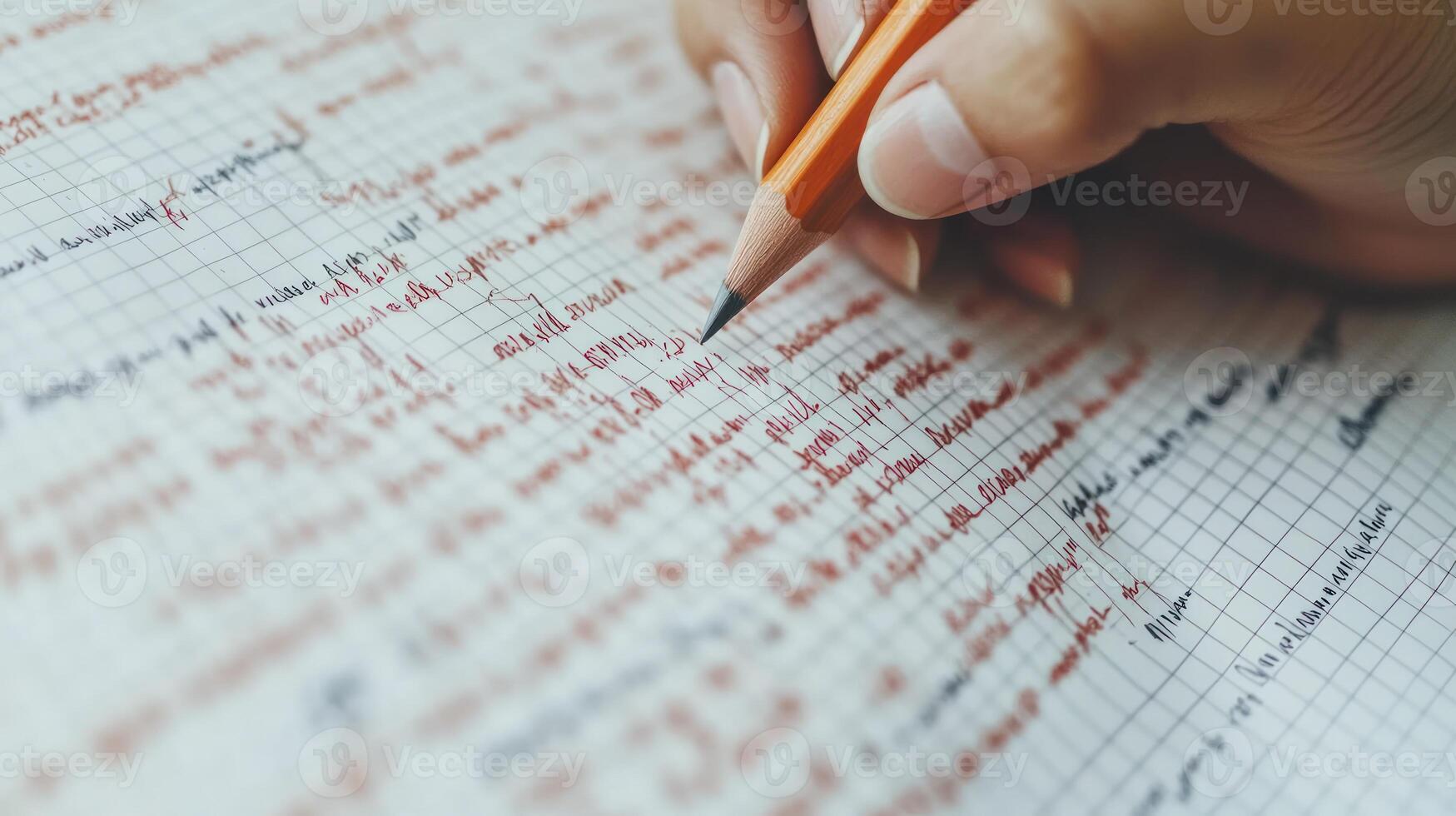 A person writes carefully on graph paper, showcasing meticulous notes and calculations photo