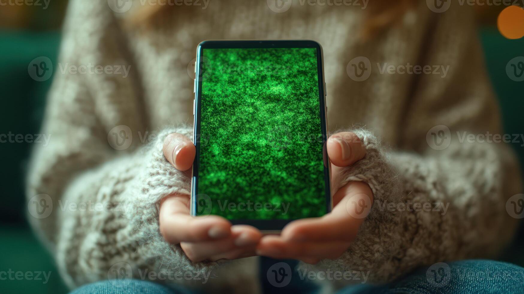 Warm hands hold a smartphone showcasing lush green textures in a cozy atmosphere photo