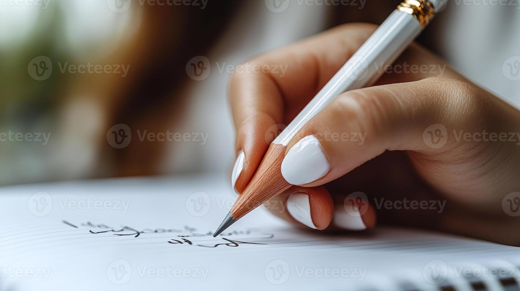 A hand with white nails skillfully writes in a notebook, creating a moment of creativity photo