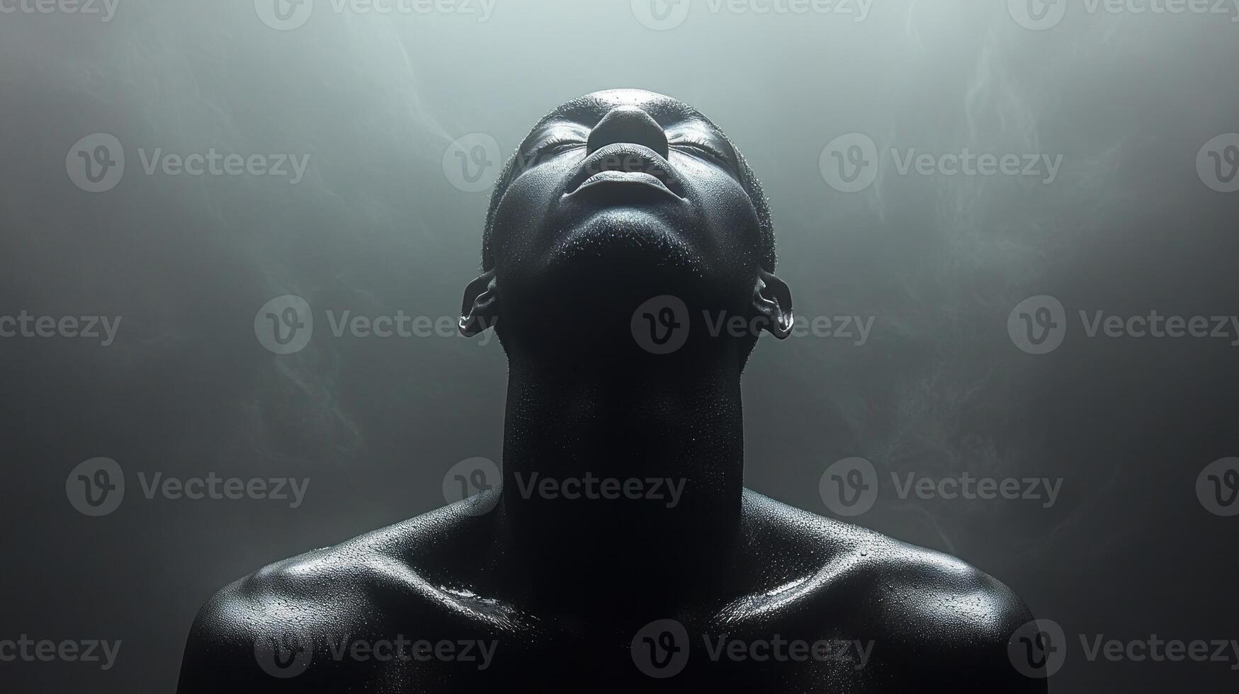 A serene individual embraces tranquility while surrounded by soft light and shadows photo