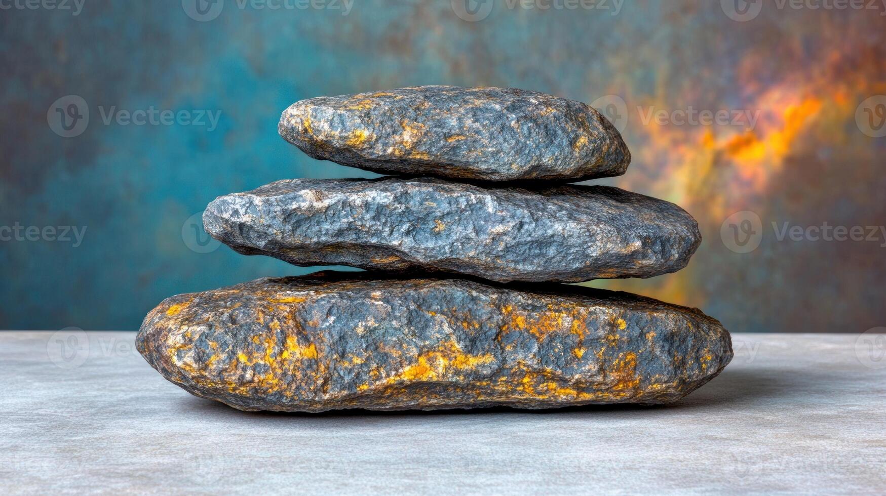 Three uniquely textured stones create a balanced composition atop a smooth surface photo