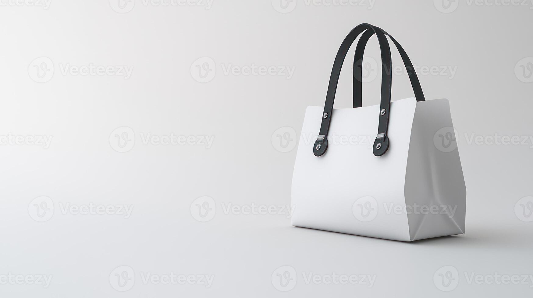 A stylish white handbag with black handles stands elegantly on a smooth surface photo
