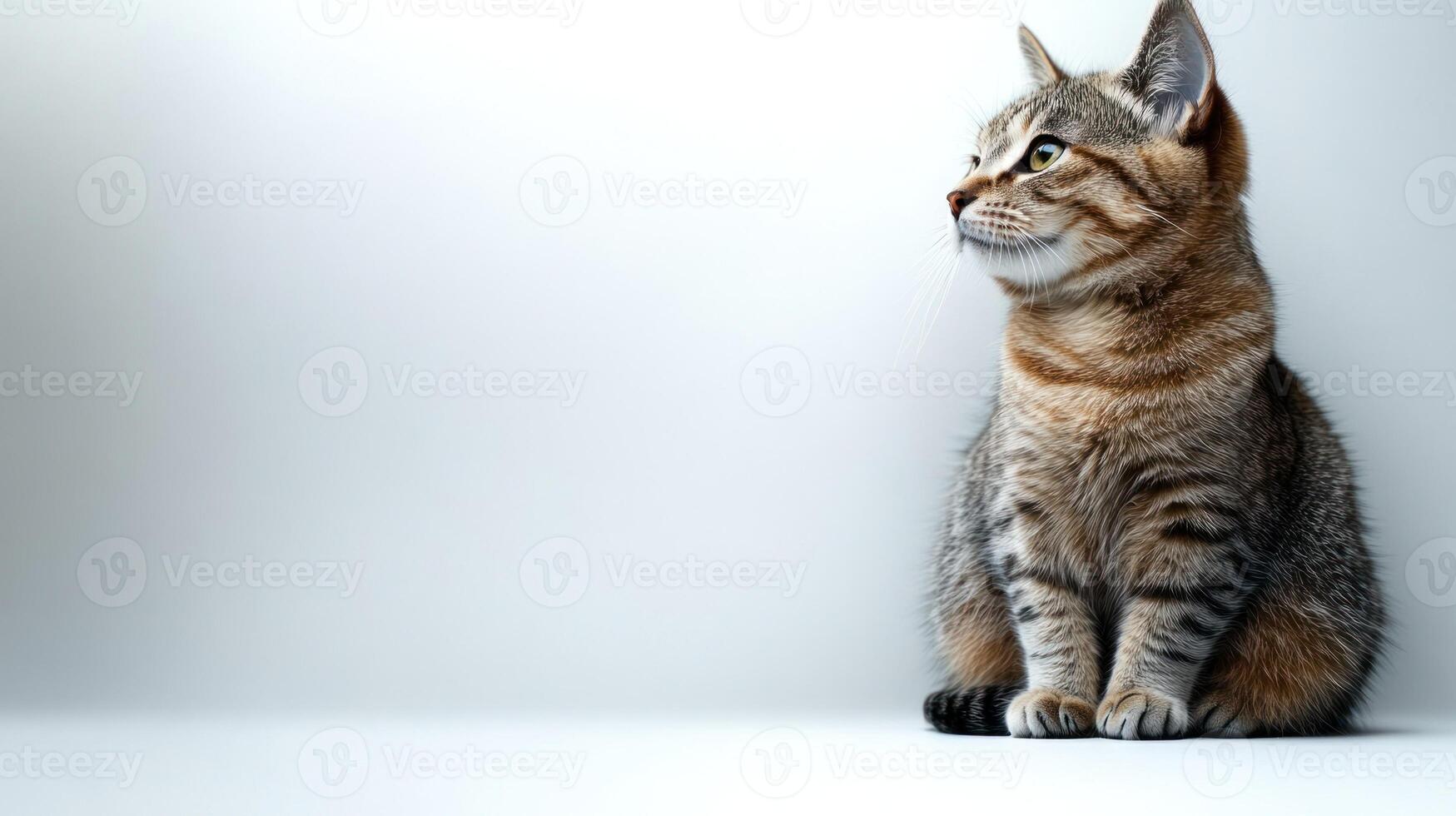 A tabby cat sits quietly, gazing thoughtfully to the side, embodying serenity photo