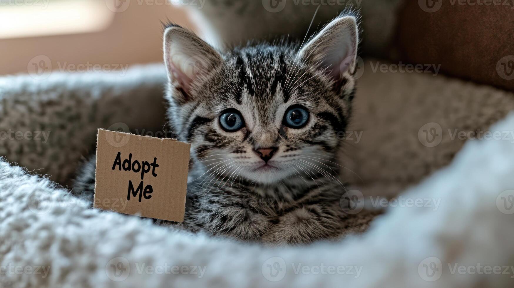 A fluffy tabby kitten lounges comfortably while seeking a forever home photo