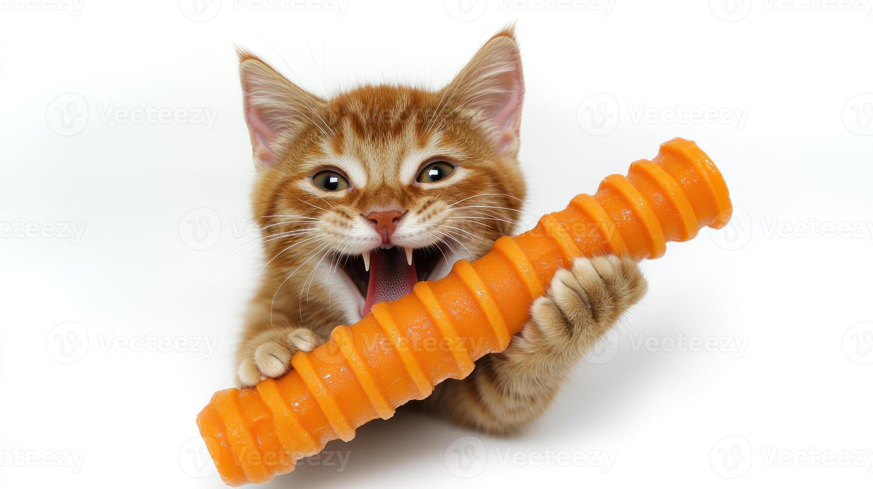 A lively kitten happily plays with an orange chew toy, showcasing its playful spirit photo