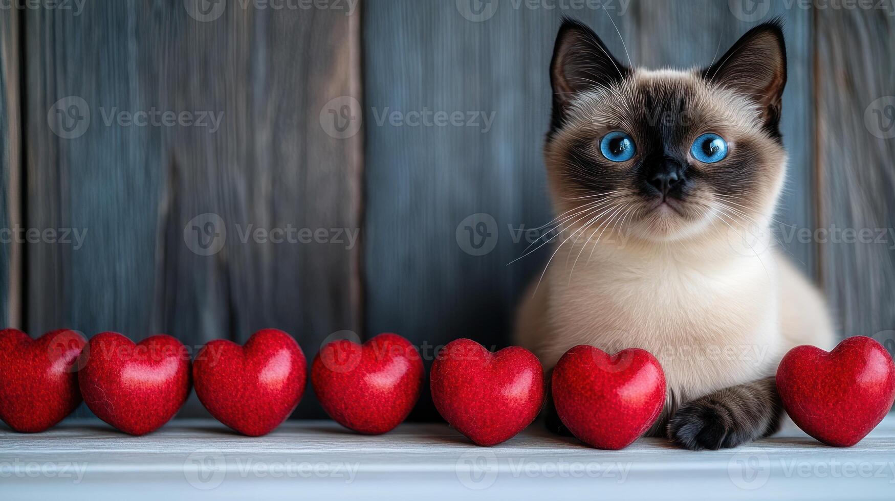 A playful cat sits calmly with vibrant hearts arranged in front, exuding charm photo