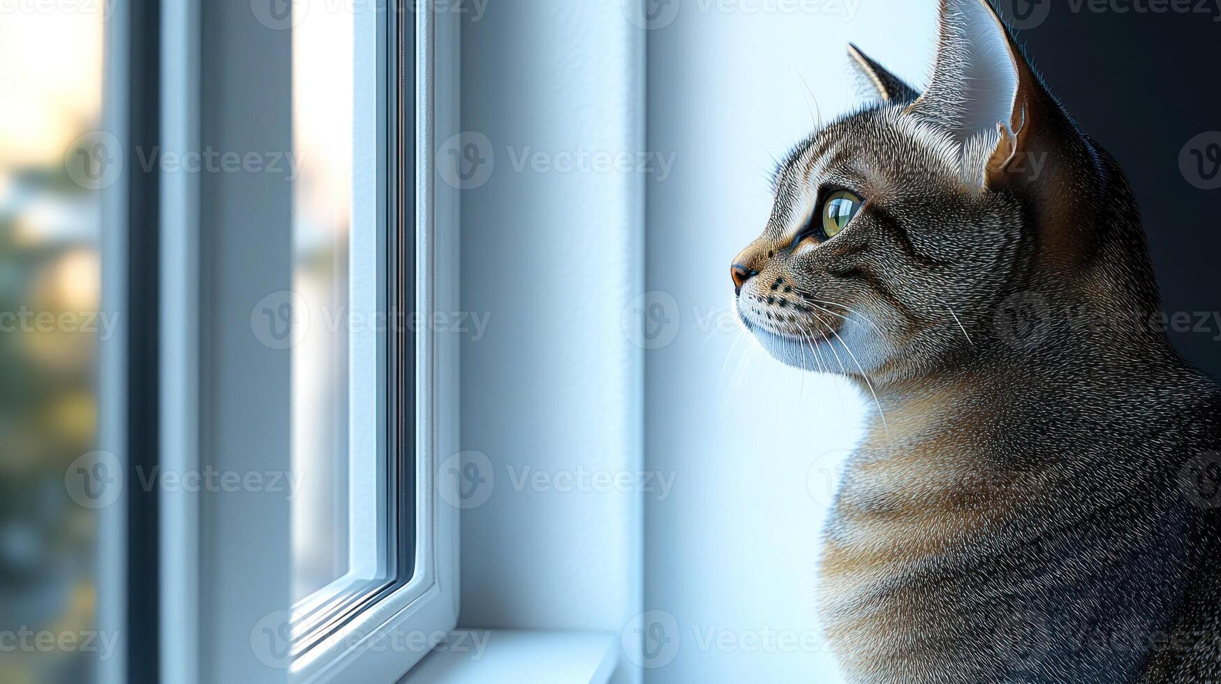 The cat sits patiently by the window, captivated by the world outside photo