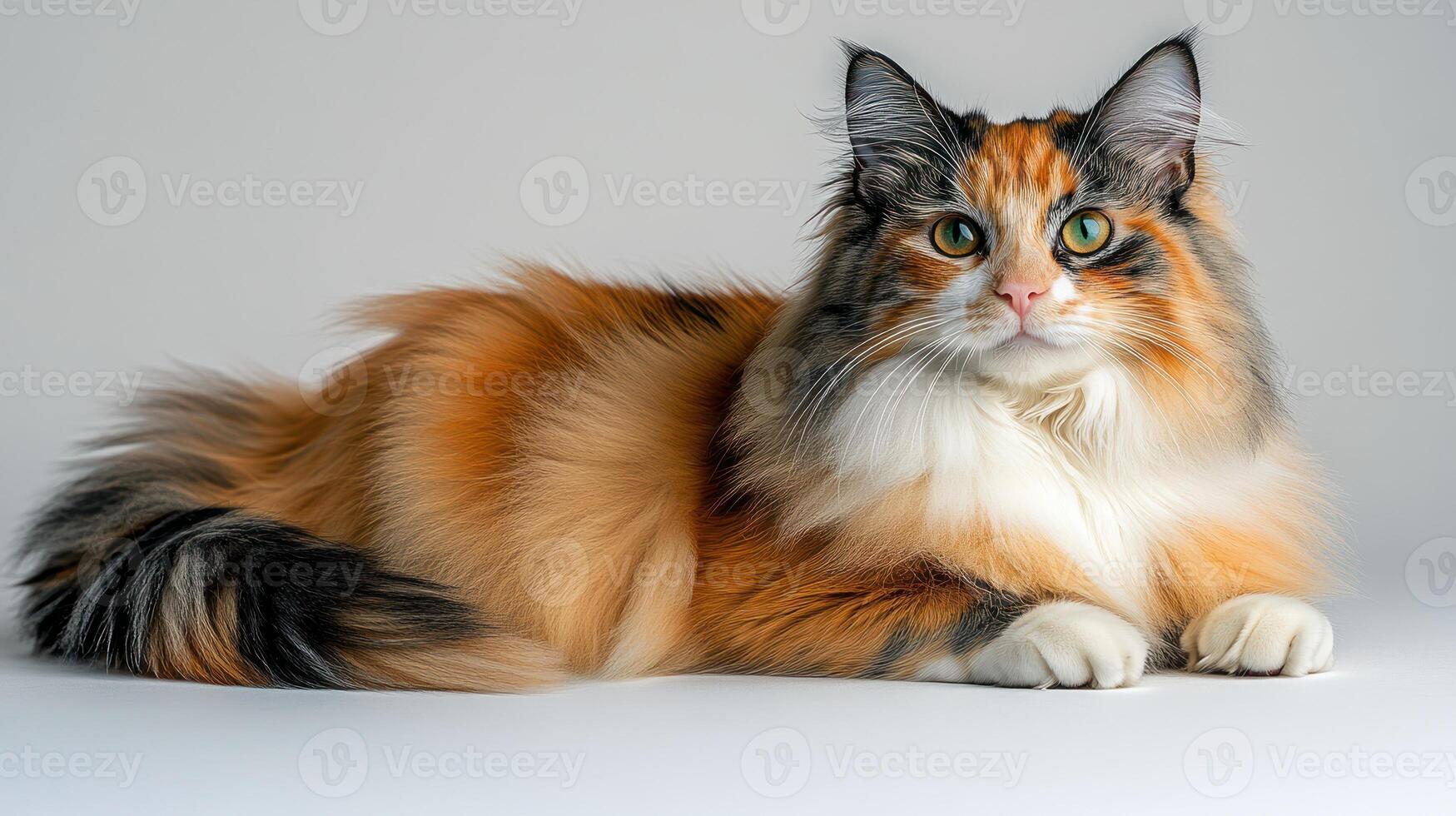 A beautiful calico cat rests serenely, showcasing its stunning fur and captivating gaze photo