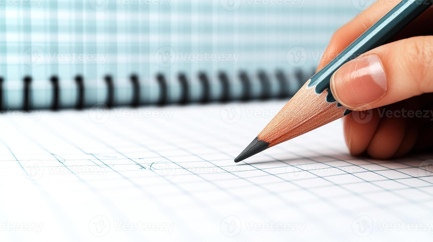 A hand expertly grips a pencil, ready to create drawings on a gridded notebook photo