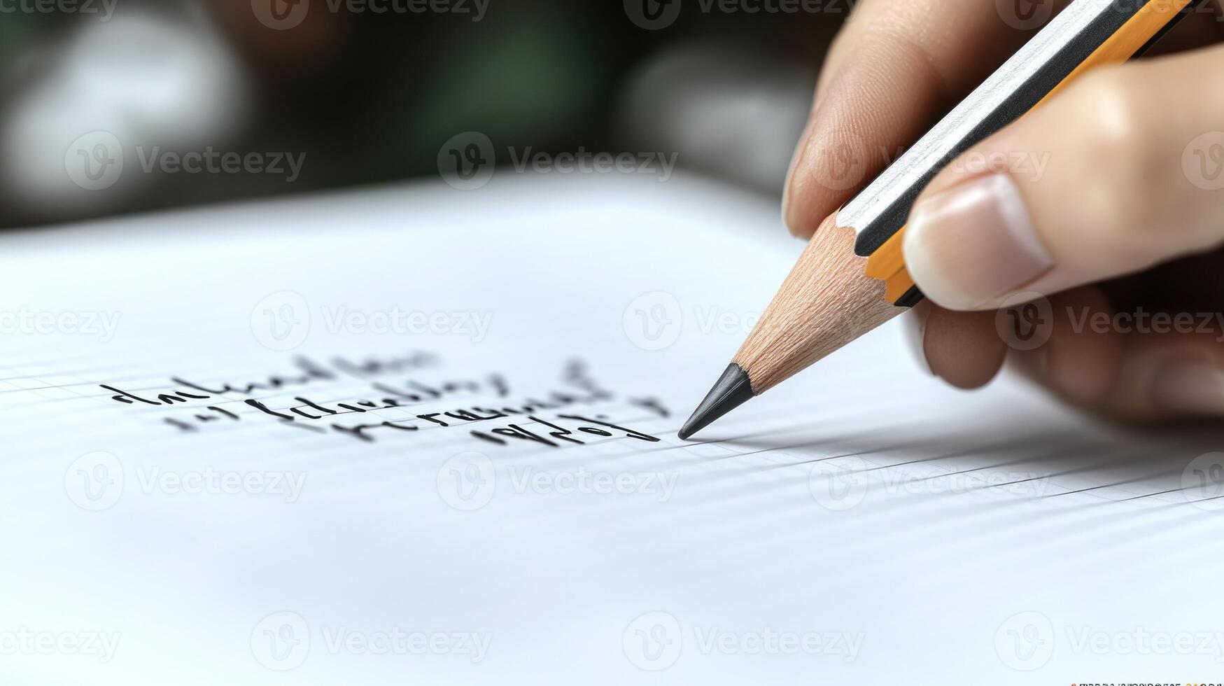 A person delicately writes words with a pencil on crisp white paper, inspired in thought photo