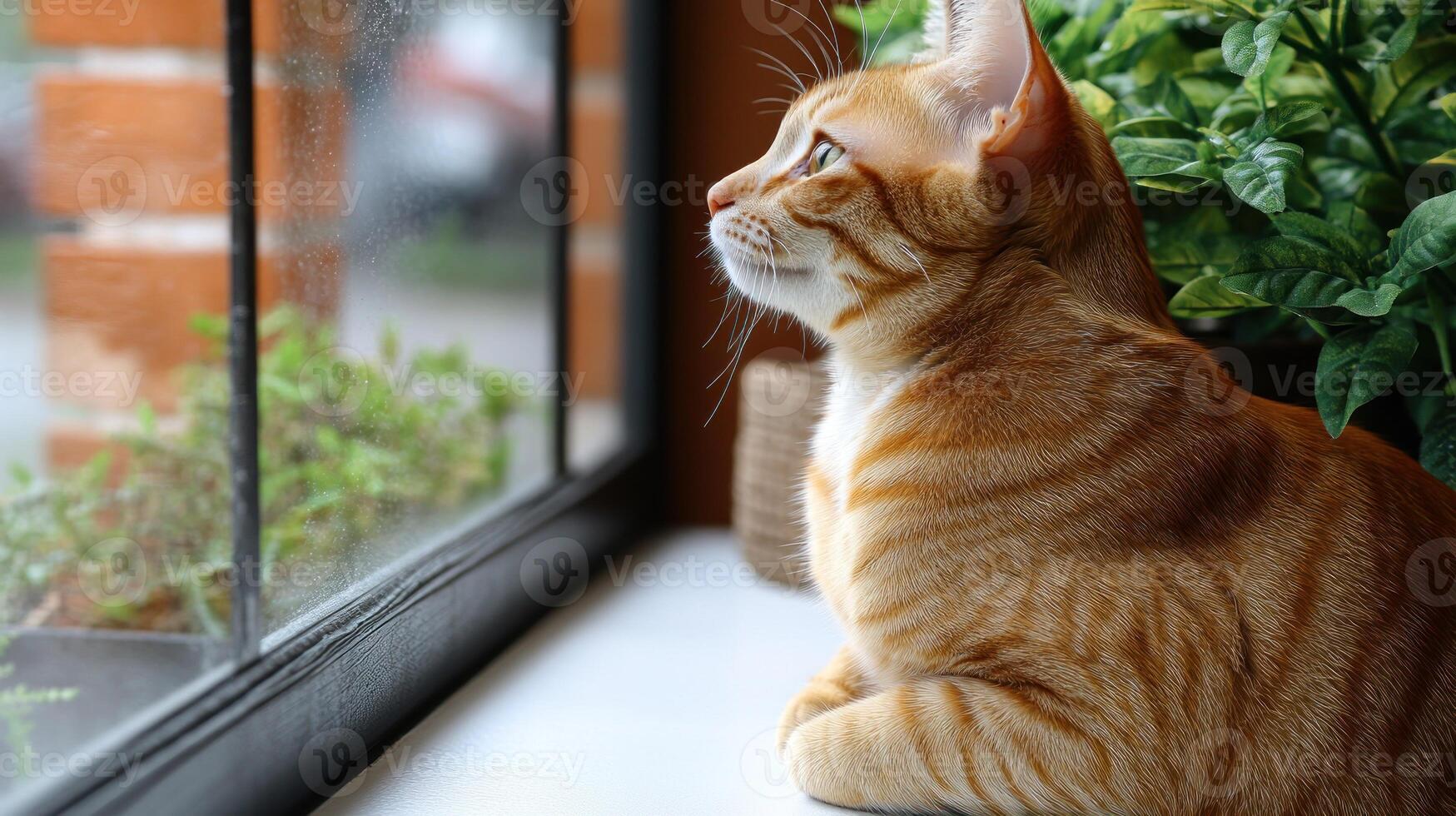 The ginger cat watches raindrops slide down the window as it relaxes peacefully photo