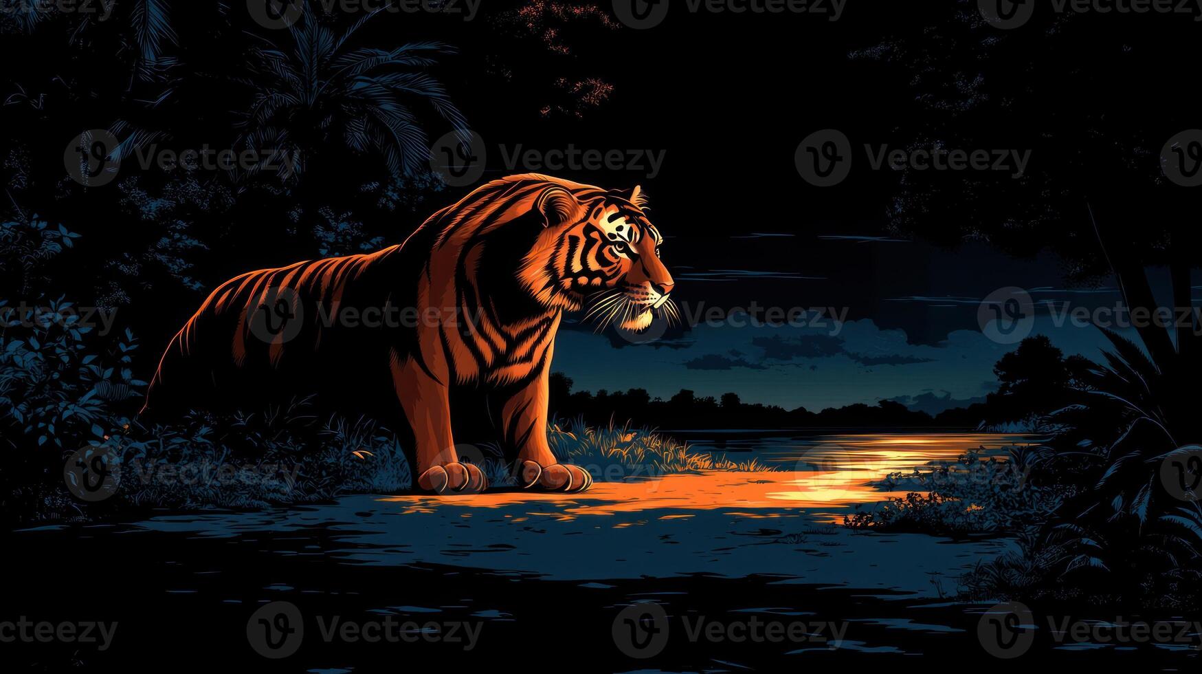 A powerful tiger gracefully walks by the shimmering water under a starry sky photo