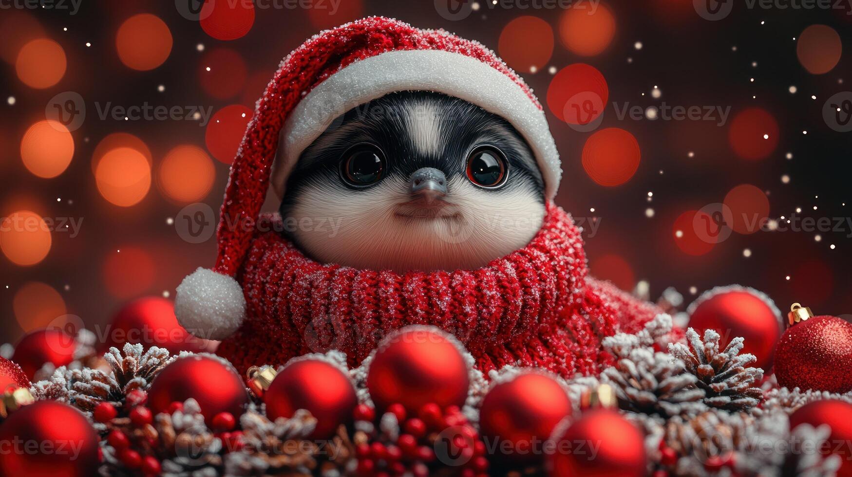 A charming creature sporting a festive sweater is nestled among shiny ornaments photo