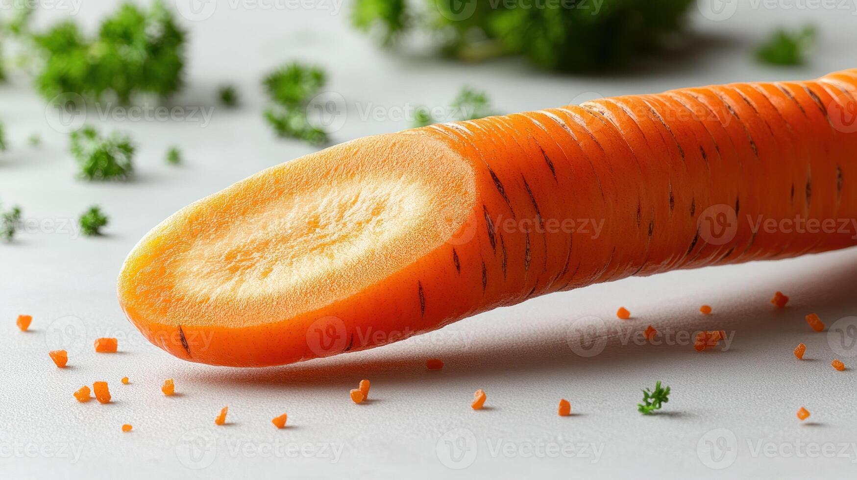 Freshly cut carrot on a clean surface, highlighting vibrant colors and textures photo