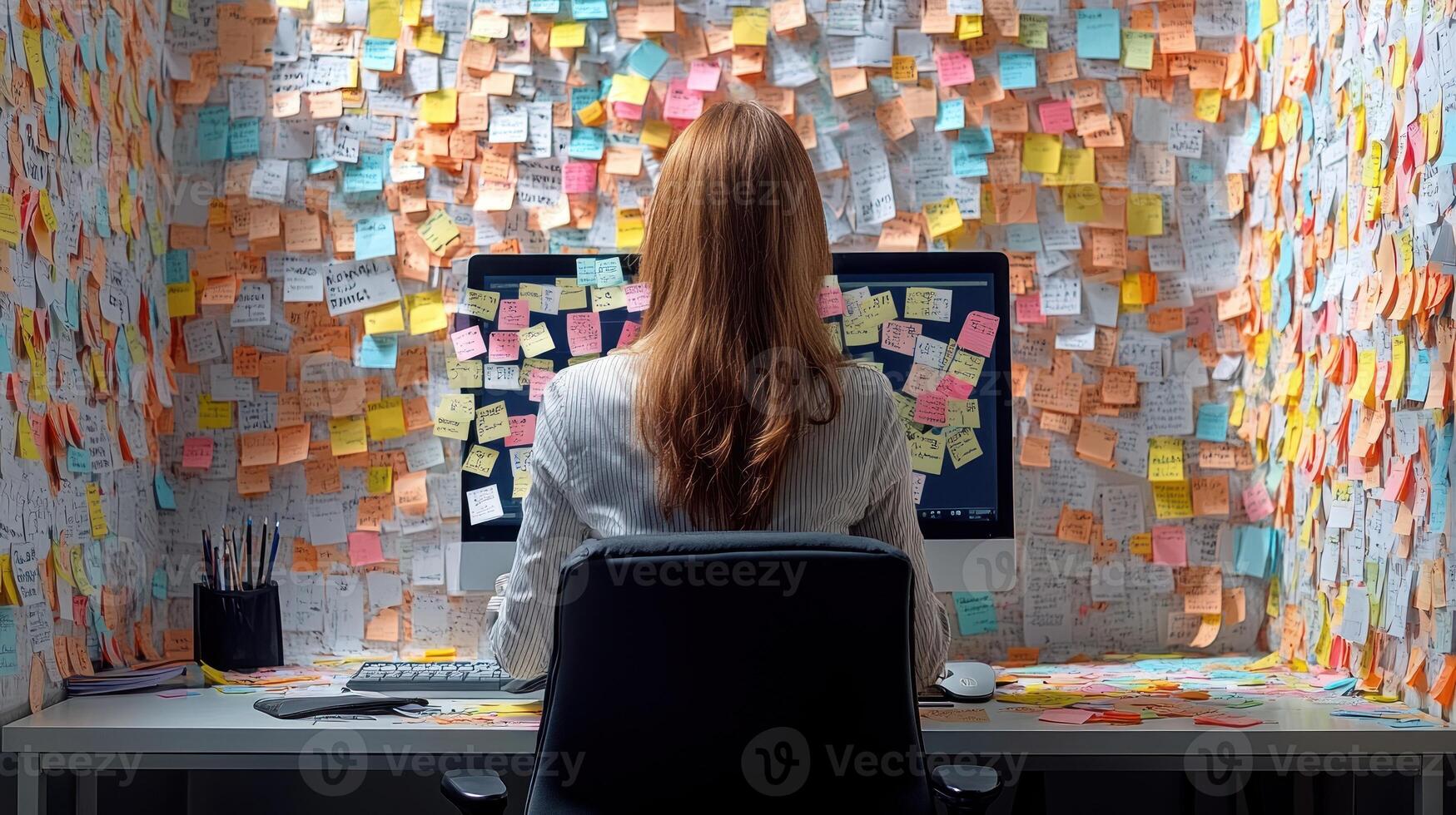 A woman at her desk is immersed in work, surrounded by colorful sticky notes photo