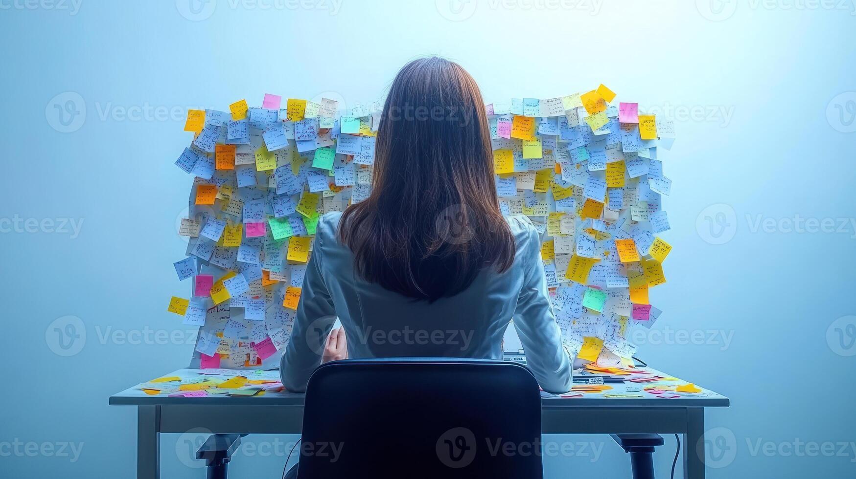 A person thoughtfully observes a wall filled with vibrant sticky notes while working photo