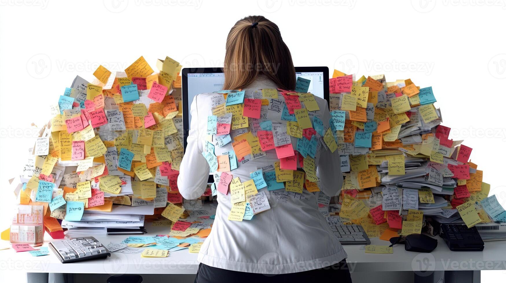 An office worker struggles with a mountain of sticky notes and paperwork photo