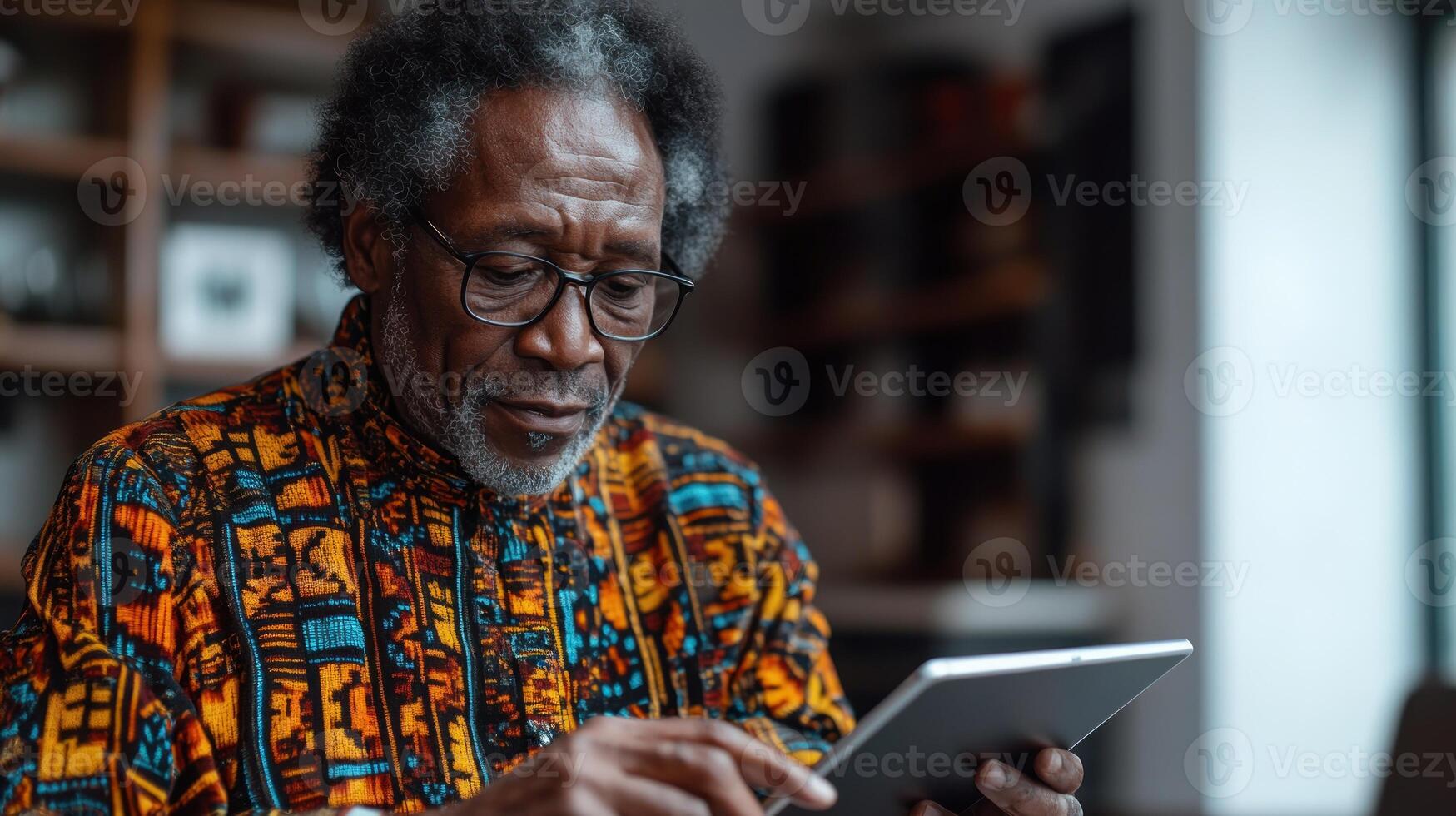 An older gentleman immersed in digital reading while seated comfortably indoors photo