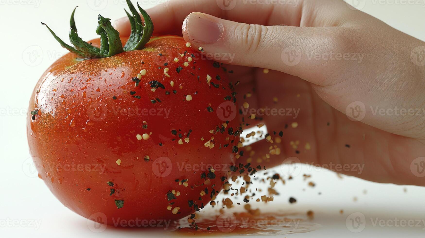 A hand adds spices to a juicy tomato, celebrating fresh flavors and culinary creativity photo
