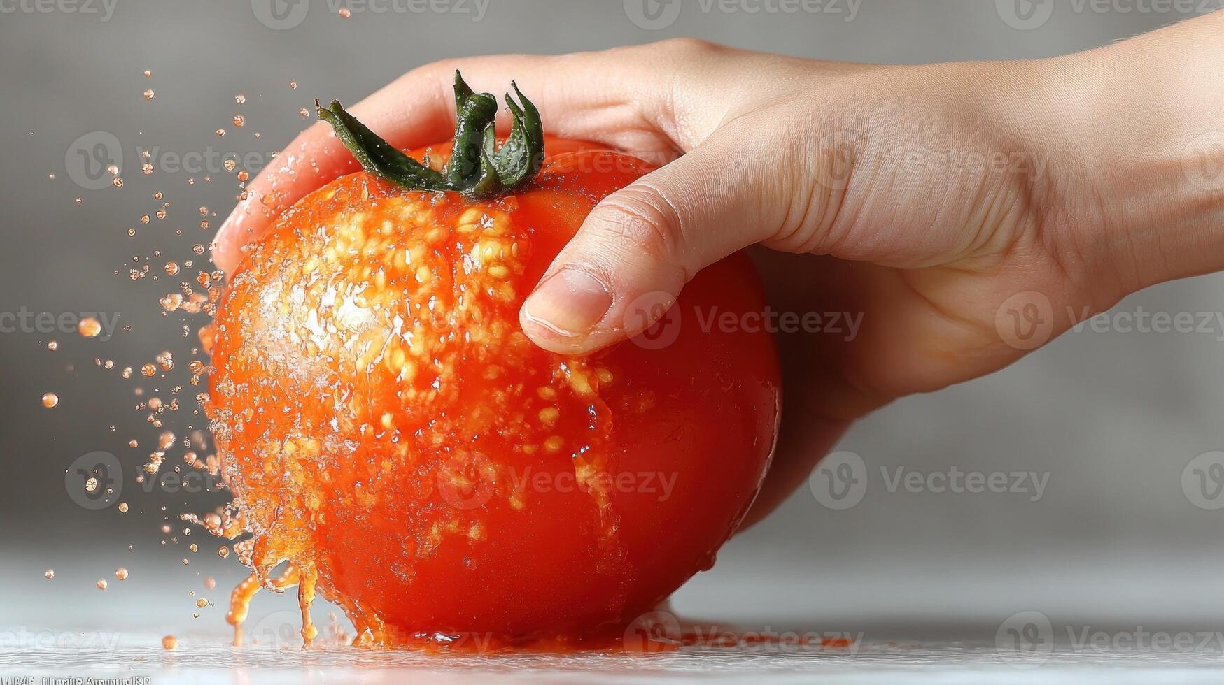 Juicy tomato is being squeezed, releasing vibrant splashes of juice in the kitchen photo