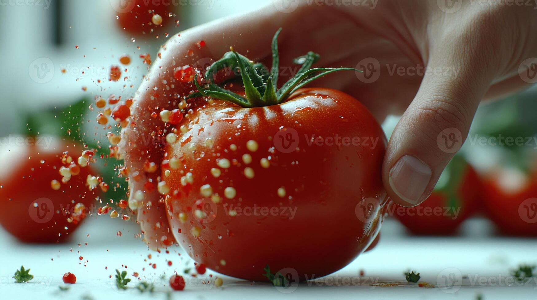 A hand grips a ripe tomato, releasing droplets and seeds in a lively kitchen atmosphere photo