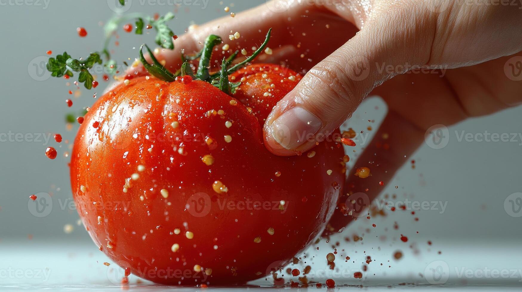 Water droplets sparkle as hands prepare a fresh tomato for an exciting culinary creation photo