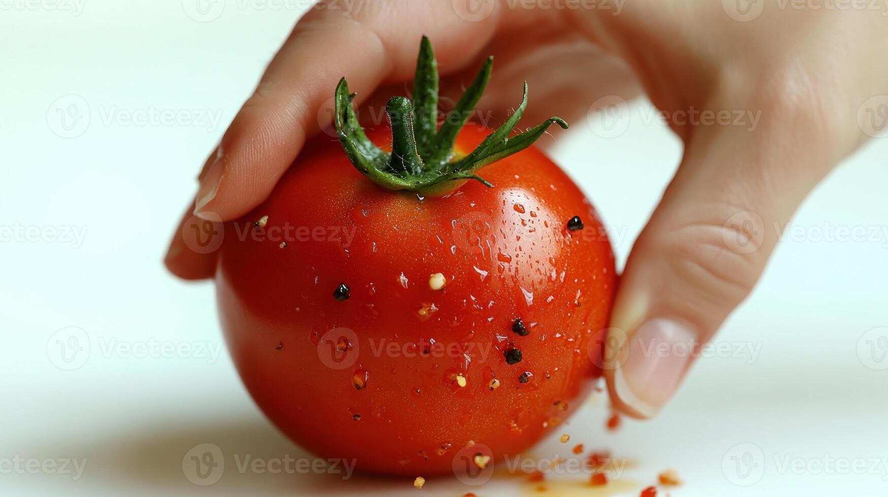 A hand gently holds a dewy tomato, showcasing its vibrant color and freshness photo