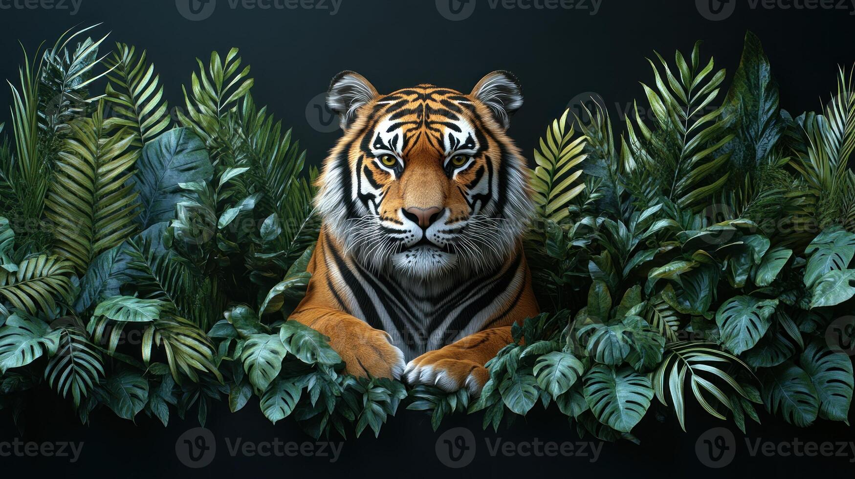 The vibrant tiger relaxes amidst rich green leaves, embodying wild beauty and strength photo